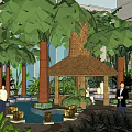 Tropical Garden Landscape with Palm Trees Circular Fountain Stone Paved Path and People Walking
