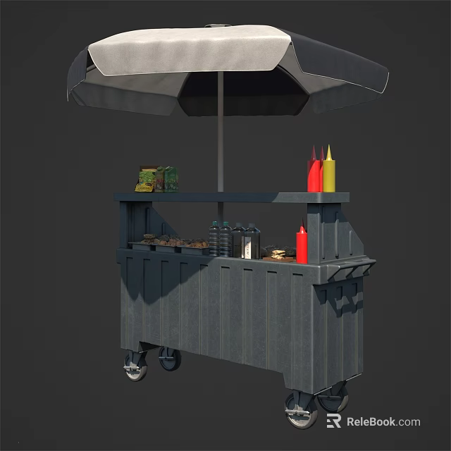 Commercial Mobile Food Cart With Umbrella Condiments Ketchup Mustard And Beverage Bottles For Outdoor Vending 3d model 