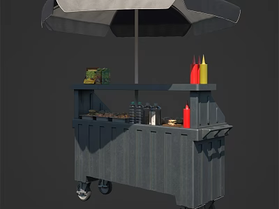 Commercial Mobile Food Cart With Umbrella Condiments Ketchup Mustard And Beverage Bottles For Outdoor Vending 3d model