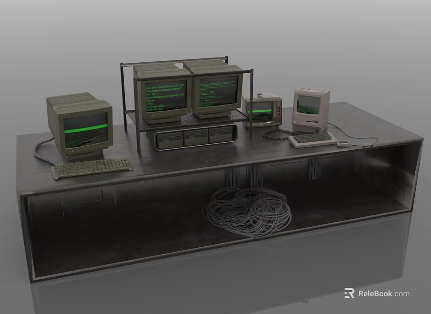 Vintage Computer Display on Shelf with Multiple Old Monitors Green Screen Text Keyboard and Cables 3d model