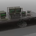 Vintage Computer Display on Shelf with Multiple Old Monitors Green Screen Text Keyboard and Cables 3d model