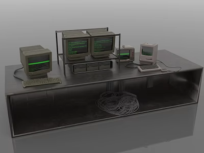 Vintage Computer Display on Shelf with Multiple Old Monitors Green Screen Text Keyboard and Cables 3d model