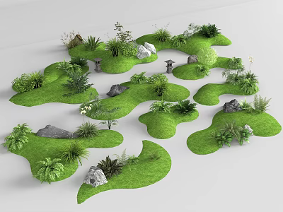 Lush Garden Features With Green Grass Diverse Plants And Decorative Stones 3d model