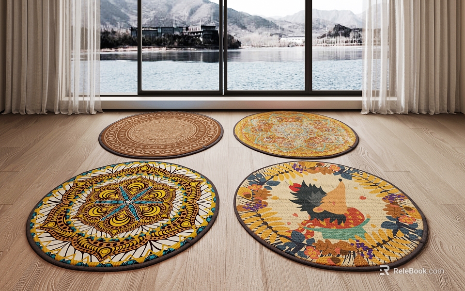 Four Round Rugs With Colorful Patterns On Wooden Floor By Window View 3d model 