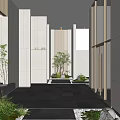 Modern Elevator Hallway With White Walls Dark Floor Tiles And Green Plants