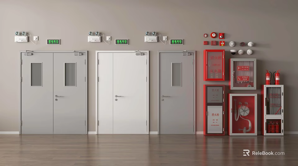 Fire Safety Equipment Setup with Fire Doors Alarm Panels and Extinguisher Cabinets 3d model 