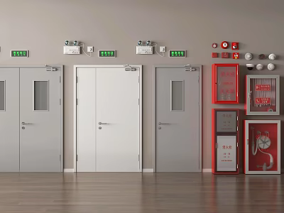 Fire Safety Equipment Setup with Fire Doors Alarm Panels and Extinguisher Cabinets 3d model