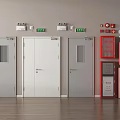 Fire Safety Equipment Setup with Fire Doors Alarm Panels and Extinguisher Cabinets