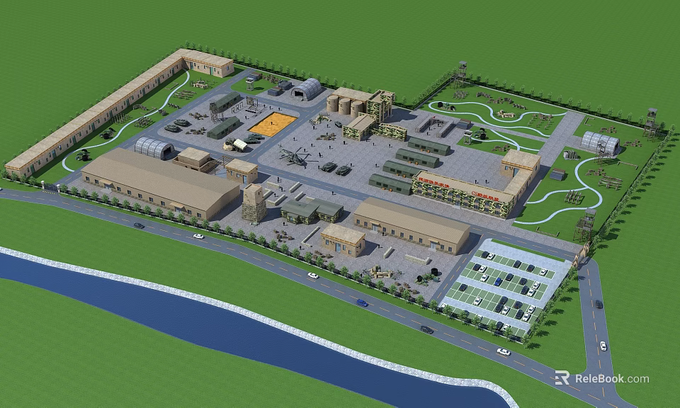 Aerial View Of Large Complex With Multiple Buildings Parking Areas Green Spaces And River 3d model 
