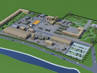 Aerial View Of Large Complex With Multiple Buildings Parking Areas Green Spaces And River 3d model
