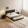 Blue Tufted Double Bed With Nightstands Table Lamps Area Rug And White Wall Art