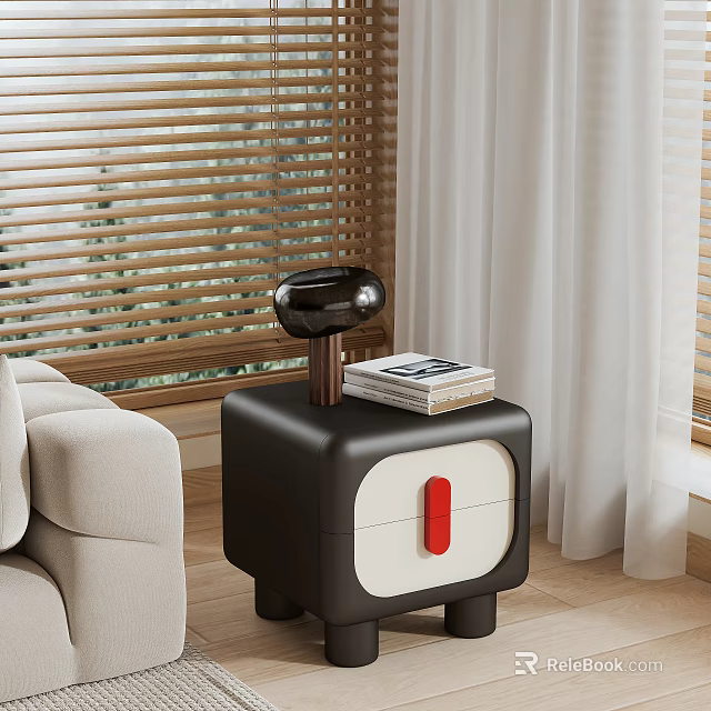 Stylish Black And White Nightstand With Red Accent Books And Black Lamp In Living Room 3d model 