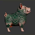 Pink And Green Pig Shaped Household Decoration With Intricate Floral Patterns