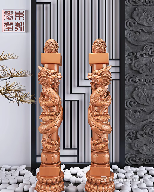 Golden Dragon Carved Pillars with Traditional Lattice Background and Pine Branch 3d model 