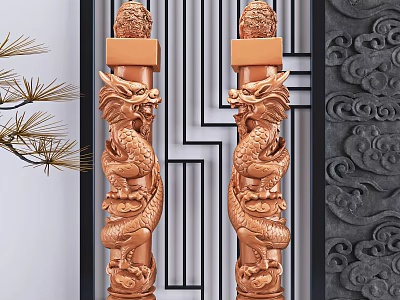 Golden Dragon Carved Pillars with Traditional Lattice Background and Pine Branch 3d model