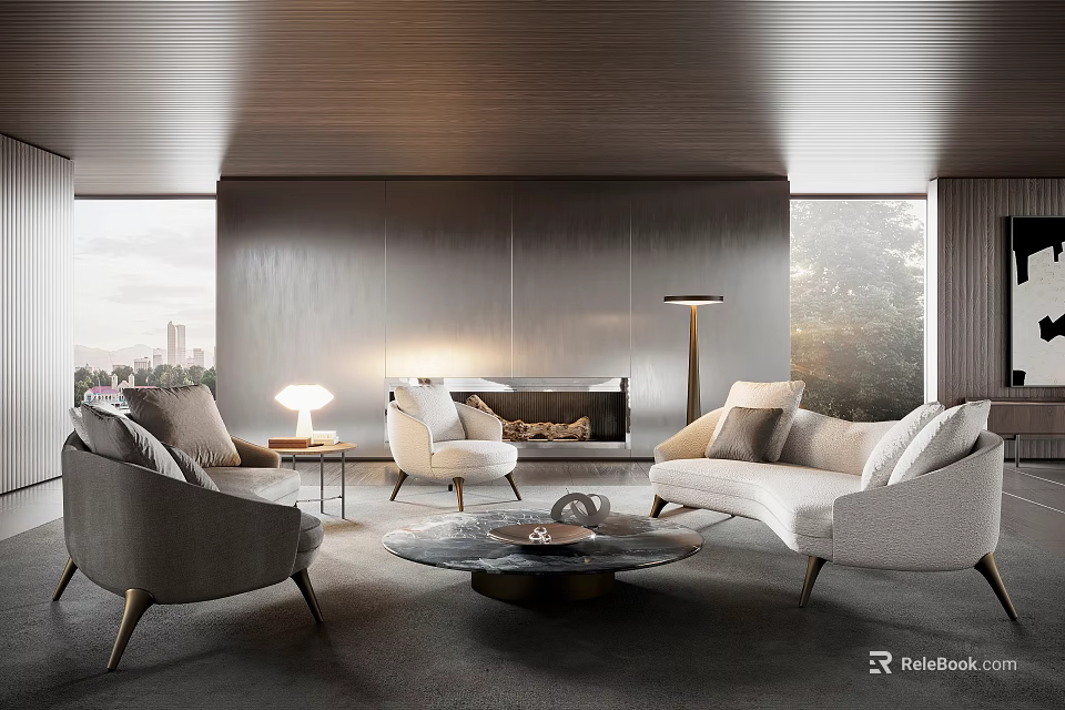 Modern Living Room With Fireplace Wooden Ceiling Comfortable Sofa Armchairs And Coffee Table 3d model 