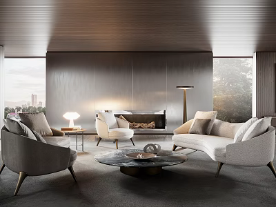 Modern Living Room With Fireplace Wooden Ceiling Comfortable Sofa Armchairs And Coffee Table 3d model