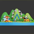 Vibrant Cartoon Scene Featuring Ferris Wheel Carousel Panda Boat Tent Trees And Green Mountains