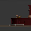 Cartoon Style Bar Scene With Red Curved Counter Wooden Shelves Colorful Bottles And Wooden Floor