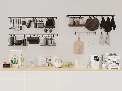 Modern Kitchen Tableware Set with Hanging Utensils Cutting Boards and Storage Racks 3d model
