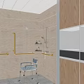 Public Restroom Interior With Tiled Walls Mirror Toilet Sink Yellow Grab Bars And Glass Partition