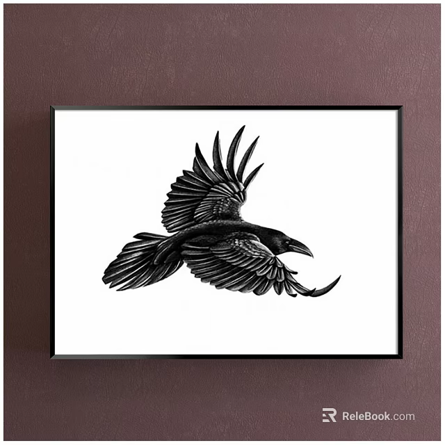 Framed Animal Painting of Flying Raven in Black and White Art Style on Brown Wall 3d model 