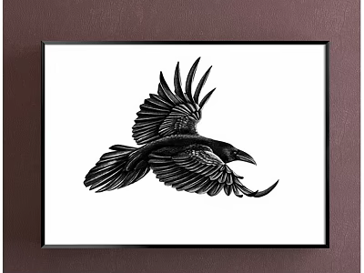 Framed Animal Painting of Flying Raven in Black and White Art Style on Brown Wall 3d model