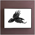 Framed Animal Painting of Flying Raven in Black and White Art Style on Brown Wall