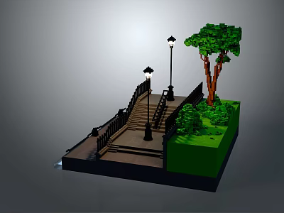 Cartoon Scene Featuring Staircase With Street Lamps Tree And Green Grass Lawn 3d model