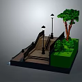 Cartoon Scene Featuring Staircase With Street Lamps Tree And Green Grass Lawn