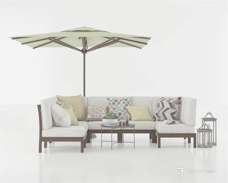 Stylish Outdoor Sofa With Colorful Cushions Wooden Frame Coffee Table Lantern And Umbrella 3d model 