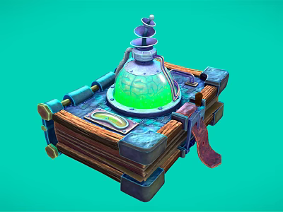 Fantasy Book With Green Glass Flask And Mechanical Parts On Teal Background 3d model