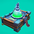 Fantasy Book With Green Glass Flask And Mechanical Parts On Teal Background