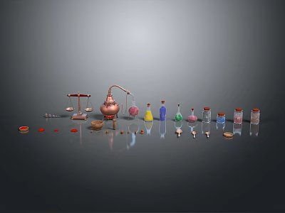 Laboratory Equipment With Balance Scale Copper Still Colored Reagent Bottles Small Containers And Samples 3d model