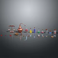 Laboratory Equipment With Balance Scale Copper Still Colored Reagent Bottles Small Containers And Samples