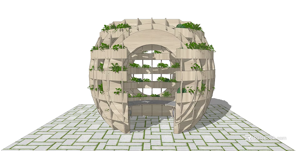 Spherical Wooden Garden Ornament With Multi Layered Green Plants For Outdoor Decor 3d model 