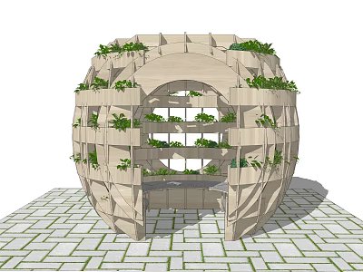 Spherical Wooden Garden Ornament With Multi Layered Green Plants For Outdoor Decor 3d model