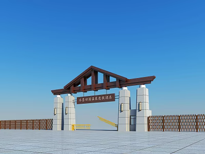 Classic Entrance Gate With Wooden Roof Truss Structure And Stone Columns And Carved Plaque 3d model