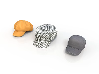 Three Different Styles of Hats in Yellow Houndstooth and Gray Colors 3d model