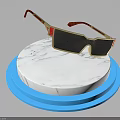 Stylish Gold Frame Sunglasses With Red Accents Black Lenses On White And Blue Marble Base