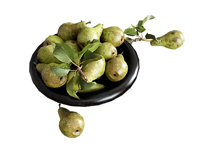 Green Pears with Fresh Leaves in Black Plate on White Background 3d model