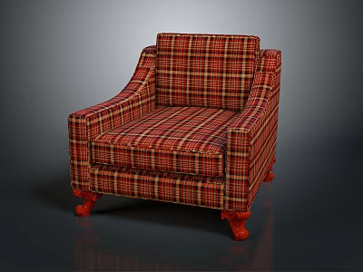 Elegant Plaid Accent Chair With Red Brown Fabric And Wooden Legs 3d model