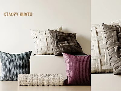 Stylish Woven and Velvet Throw Pillows in Purple Gray Beige Tones 3d model