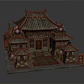 Cartoon Style Chinese Traditional Building Scene With Curved Eaves Tiled Roof And Red Doors