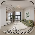 Modern Living and Dining Room Interior With Open Layout White Cabinets Sofa And Plants