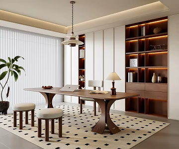Modern Middle-ancient Style Study Modern Study Middle-ancient Style Desk and Chair Middle-ancient Style Bookcase Study Chandelier Plant Potted Solid Wood Desk and Chair Study Stool Table Lamp 3d model