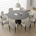 Modern Round Gray Dining Table Set With Six Light Colored Chairs And Window Blinds 3d model