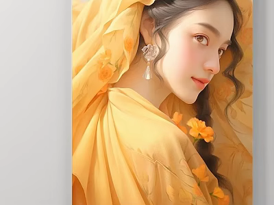 Elegant Female Portrait Painting With Long Hair Yellow Flowers Earrings And Flowing Fabric 3d model