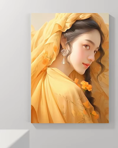 Elegant Female Portrait Painting With Long Hair Yellow Flowers Earrings And Flowing Fabric 3d model