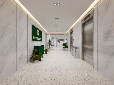 Modern Elevator Hallway With White Marble Walls Green Plants Terrazzo Floor And Ceiling Lights 3d model